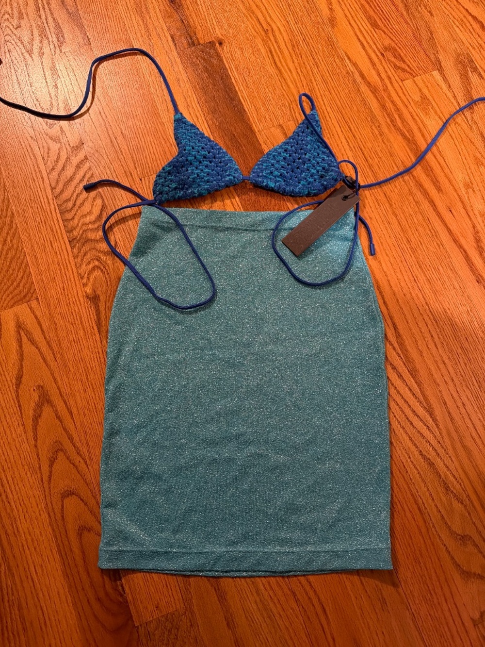 Triangl Knit Blue Bikini Top & Metallic Teal Skirt Set